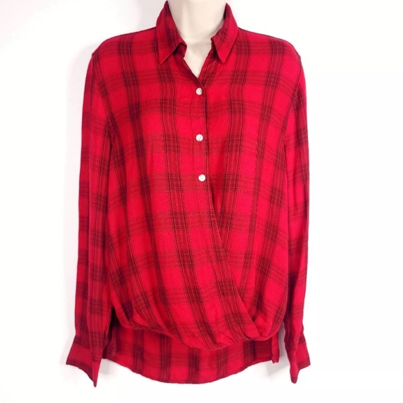 Mossimo Blouse Top Shirt Red Plaid Long Sleeve Collared Relaxed Flowy - Picture 1 of 10